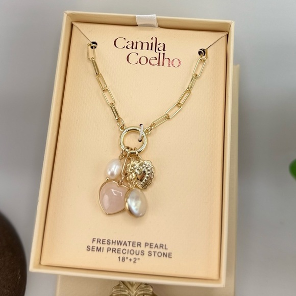 Camila Coelho Gold Necklace with Freshwater Pearls,  Charm Semi-Precious Stone - Picture 1 of 7